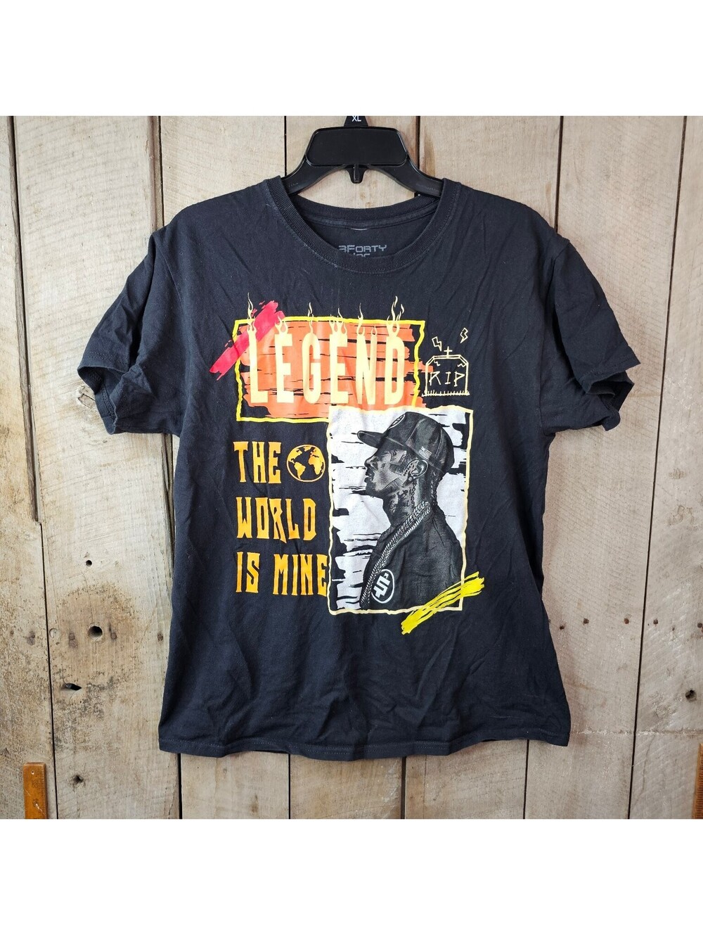 3FORTY INC. Men's Black Graphic T-Shirt Legend The World Is Mine Cotton Crew
